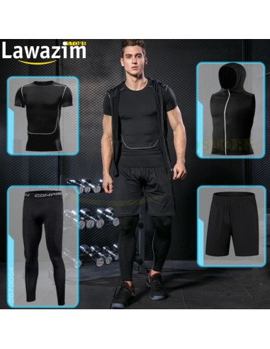 مجموعة رياضية للجري للرجال من خمس قطع cours d'exécution Set de sport Pour Hommes Costume La compression Survêtement Vêtements