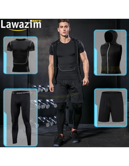 مجموعة رياضية للجري للرجال من خمس قطع cours d'exécution Set de sport Pour Hommes Costume La compression Survêtement Vêtements