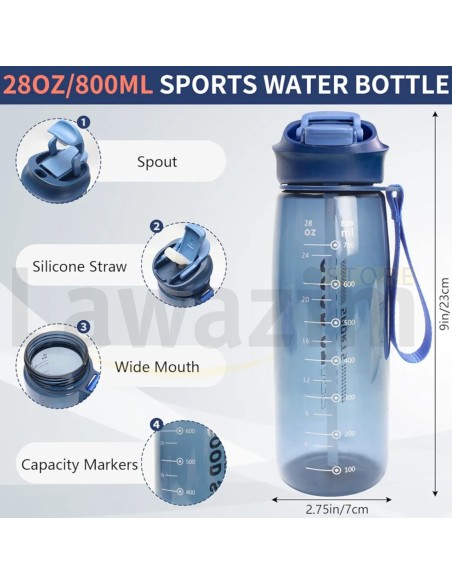 قارورة الماء 800 مل مع شفاطة - Bouteille d'eau 800 ml avec pailles، مثالية للماء والبروتين في أي وقت