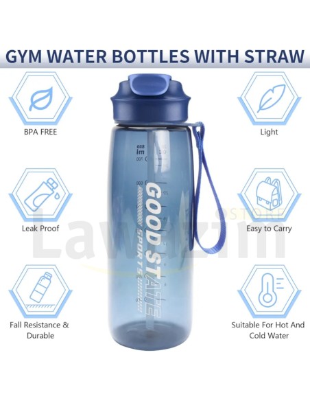 قارورة الماء 800 مل مع شفاطة - Bouteille d'eau 800 ml avec pailles، مثالية للماء والبروتين في أي وقت