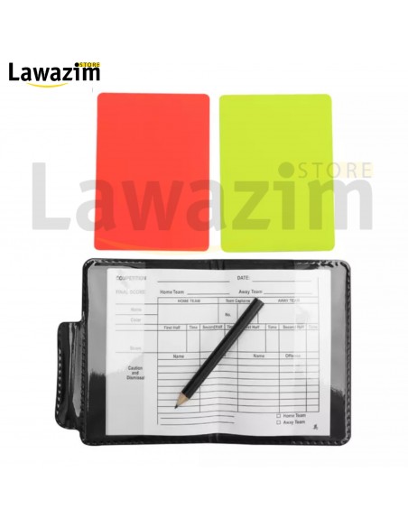 Carnet d'arbitrage avec cartons rouge et jaune دفتر ملاحظات لحكم كرة القدم مع بطاقات حمراء و صفراء