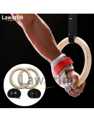 Wooden Gymnastic Rings with Straps - حلقات الجمباز الخشبية مع الأشرطة للتمارين الرياضية  تدريب القوة وكمال الأجسام