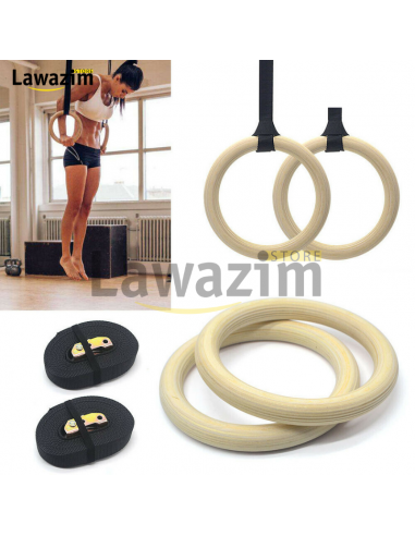 Wooden Gymnastic Rings with Straps - حلقات الجمباز الخشبية مع الأشرطة للتمارين الرياضية  تدريب القوة وكمال الأجسام