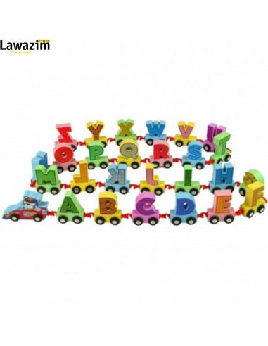 قطار الحروف الأبجدية الخشبية على عربات ذات عجلات Train de lettres de l'alphabet en bois sur des wagons à roues