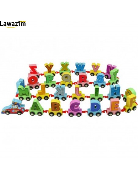 قطار الحروف الأبجدية الخشبية على عربات ذات عجلات Train de lettres de l'alphabet en bois sur des wagons à roues